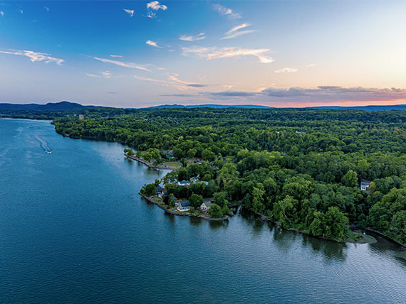 High vantage point view of the Hudson River as sun begins to set