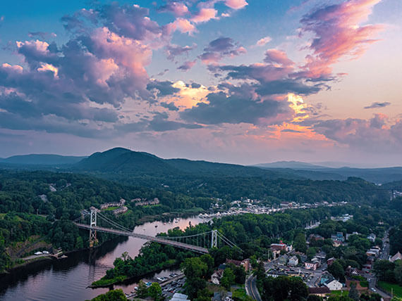 Aerial view of Kingston, NY during a sunset